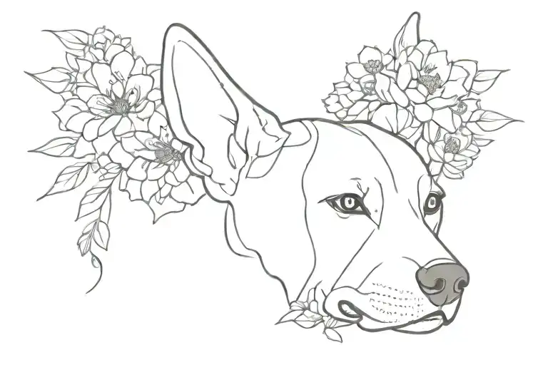 Dog Ear Outline And Flowers Surrounding