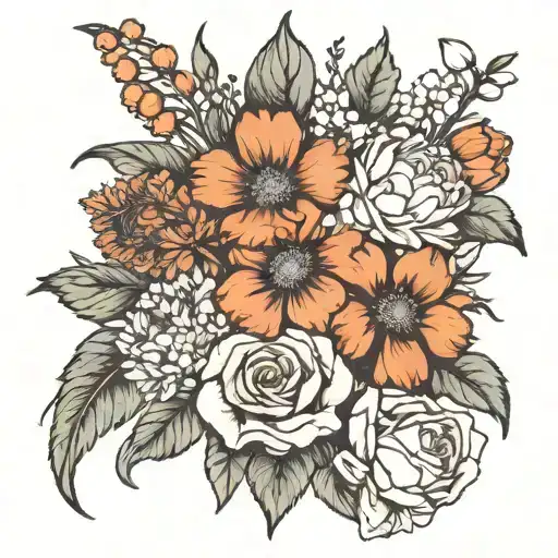 Birth Flower Bouquet July November December October April Black Ink Line