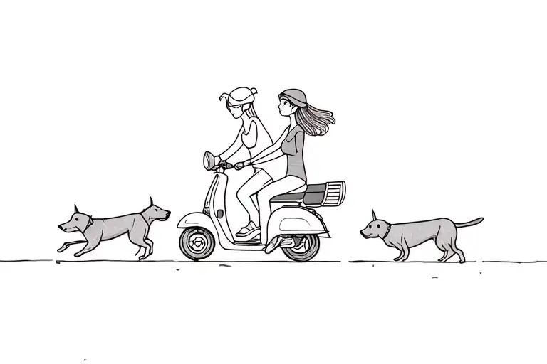 Create A Tattoo Of Two Girls On A Scooter Chased By 2 Dogs Minimalist One Line
