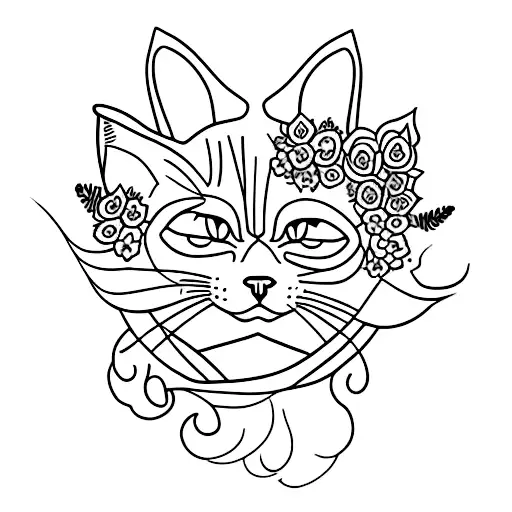 A Minimalist Tattoo Of A Cat Surrounded By Flowers