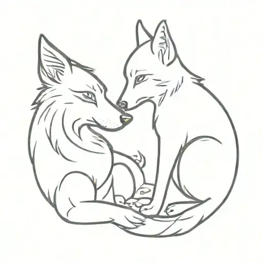 Black Wolf And A Black Cat Hugging Each Other Simple Line