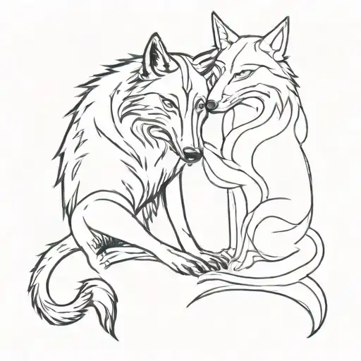 Black Wolf And A Black Cat Hugging Each Other