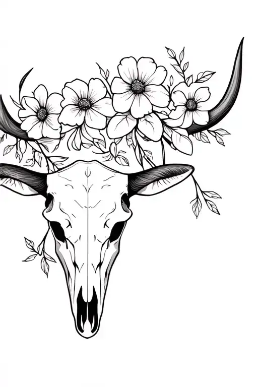 Fine Line Flowers And Bull Skull