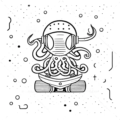 Octopus On A Skateboard Wearing Space Helmet Holding A Trident