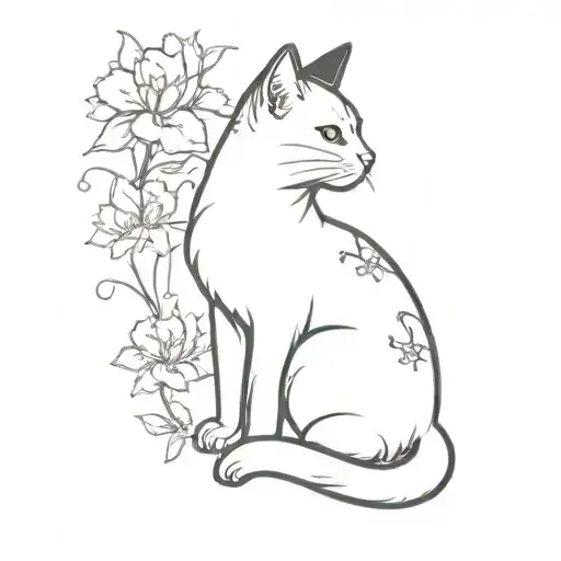 A Blackwork Tattoo Of A Cat With A Digital Print Pattern And Sakura Flowers Scattered Around
