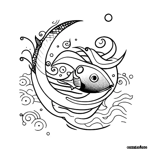 A Minimalist Tattoo Of A Fish Swimming Under A Crescent Moon