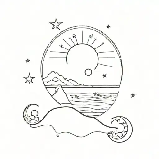 Beach Scene W Sun And Moon Surrounded