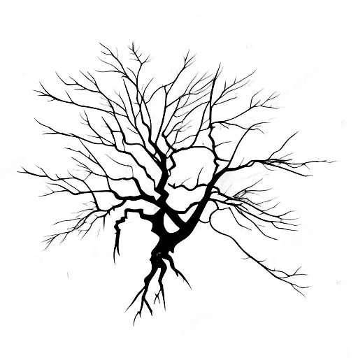 Broken Tree With Many Roots With Bat Flying Out Of It