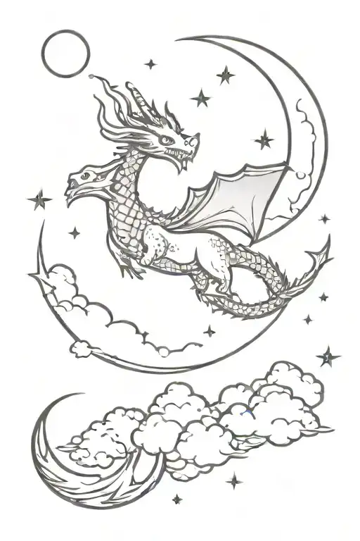 An Whimsical Smokey Night Sky With Stars And A Moon In The Sky A Very Small Fine Line Dragon Flying
