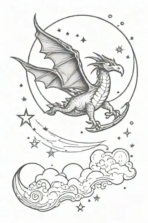 An Whimsical Smokey Night Sky With Stars And A Moon In The Sky A Very Small Fine Line Dragon Flying
