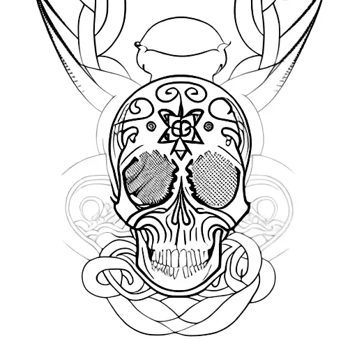 A Minimalist Tattoo Of A Skull With Nature Elements Intertwined