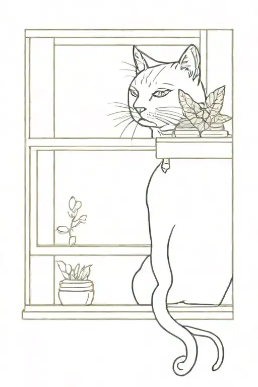 Cat On A Window Looking Forward With A Plant And Books Next To The Cat
