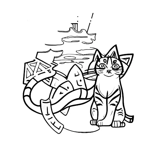 An Anime-inspired Minimalistic Tattoo Of A Cat Exploring A Futuristic Cityscape