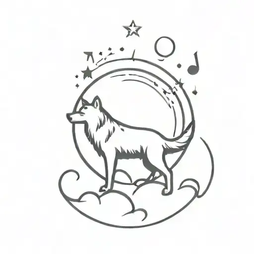 A Minimalist Tattoo Of A Wolf Howling At The Moon With Musical Notes Floating Around It