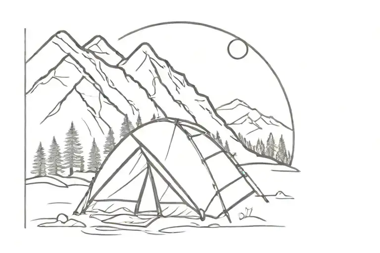 Line Art Tattoo Of A Mountain And Camping Tent Nestled