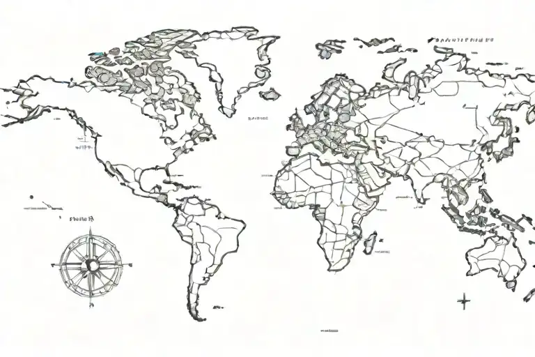 Outline Of A World Map With A Large Compass Overlayed