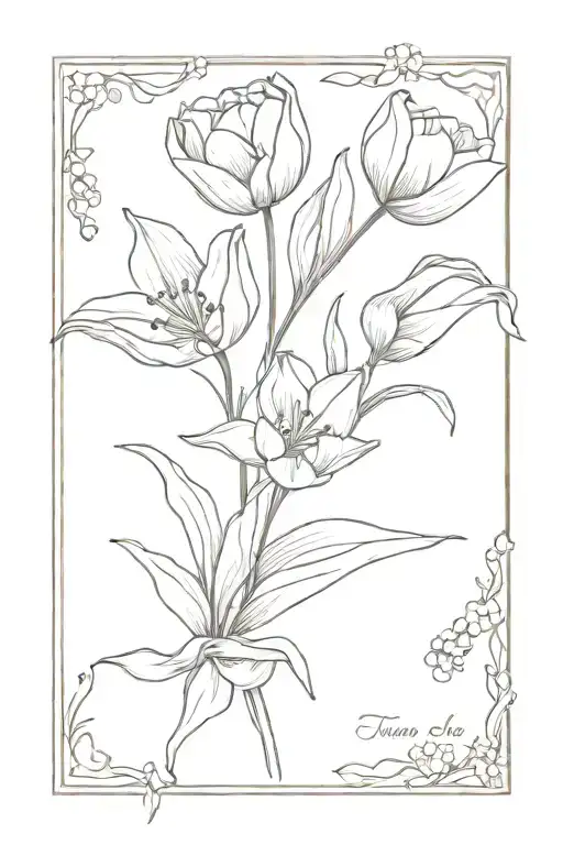 Tulip And Forget Me Not Flower Bouquet Fine Line