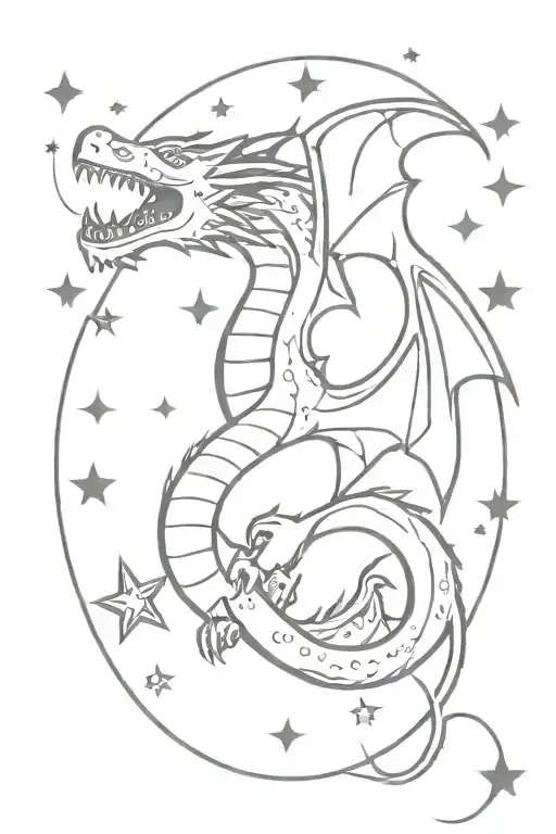 Fantasy Dragon With Moons And Stars Surrounding Them