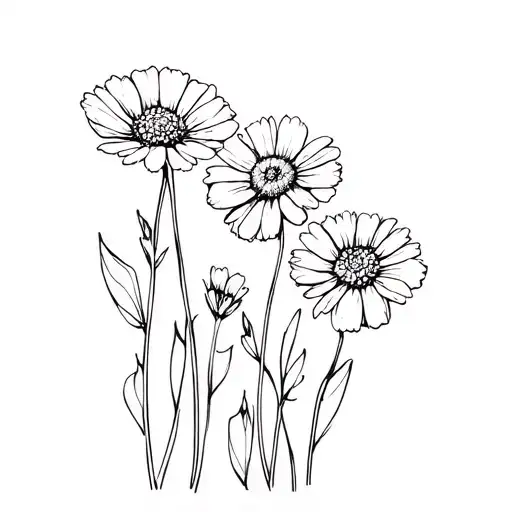 Poppy And Daisy Flowers Fine Line One Line Minimalist Without Shadows