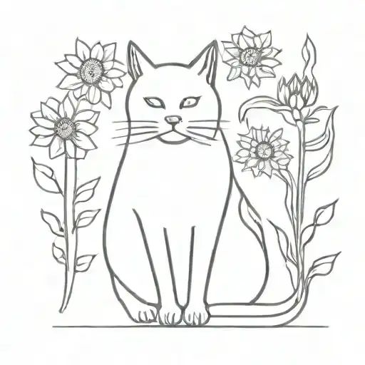 Main Coonn Cat And Sunflowers