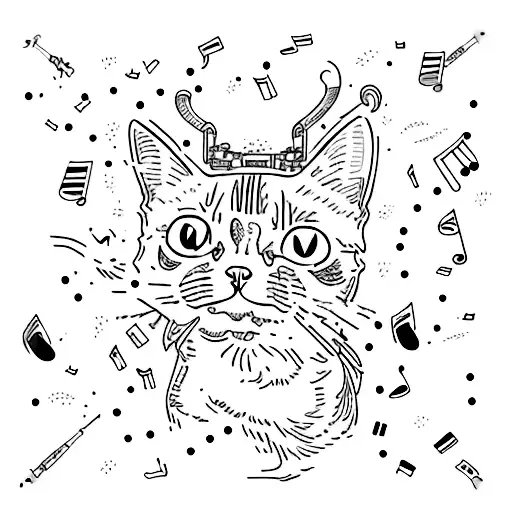 A Cat Surrounded By Various Cat-themed Musical Instruments