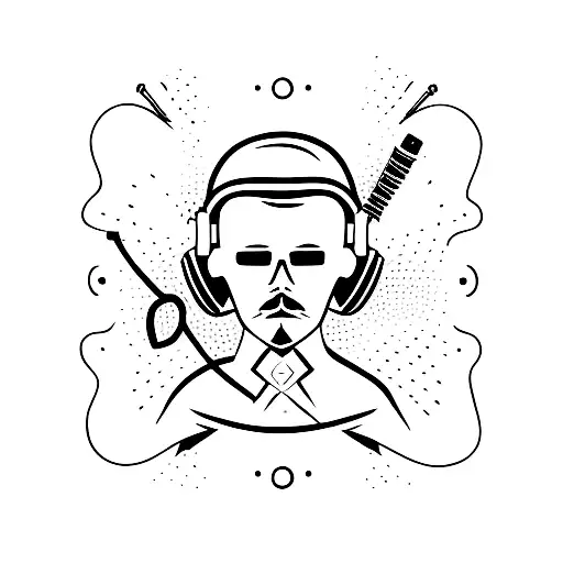 A Minimalist Tattoo Of A Valorant Agent Wearing Headphones And Holding A Guitar