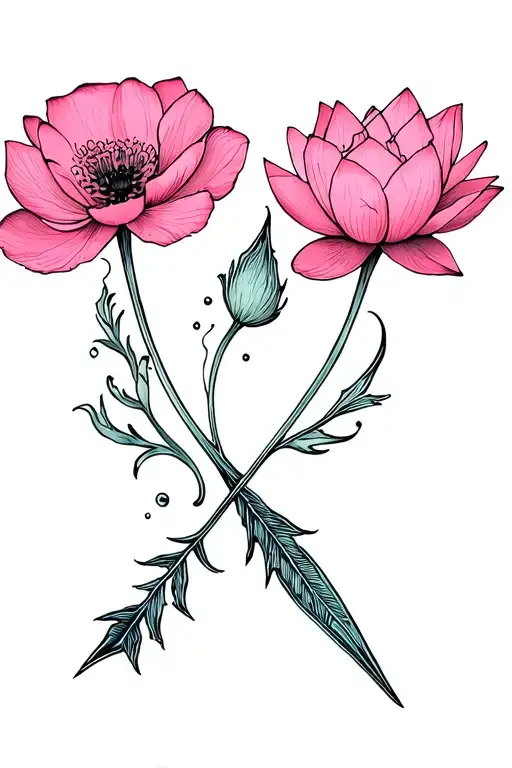 Poppy Flower And Water Lily Flower Wrapping Around An Arrow