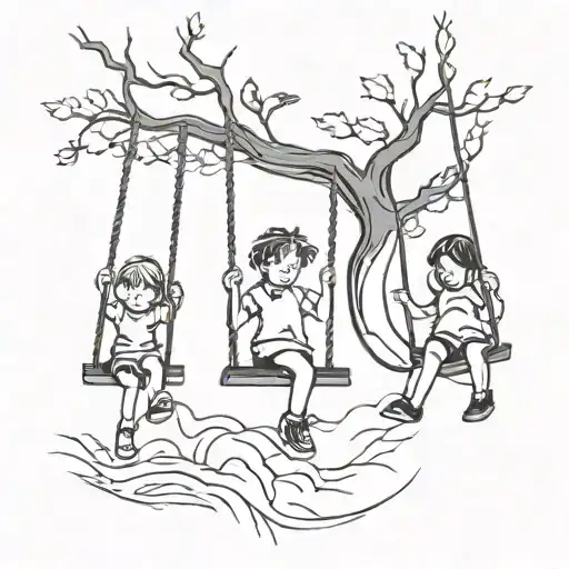 3 Silhouettes Of Children On A Swing Hanging