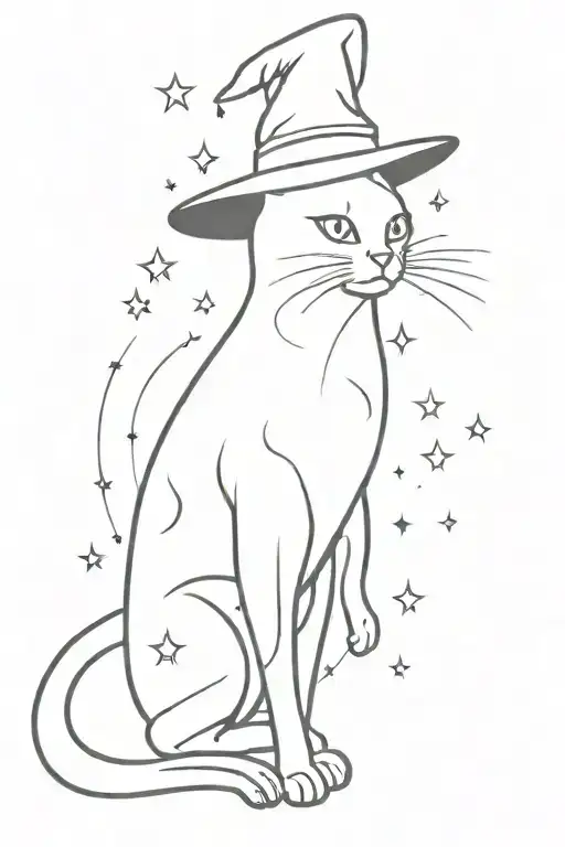 Detailed Full Body Cat With Witch Hat And Sparkles Around