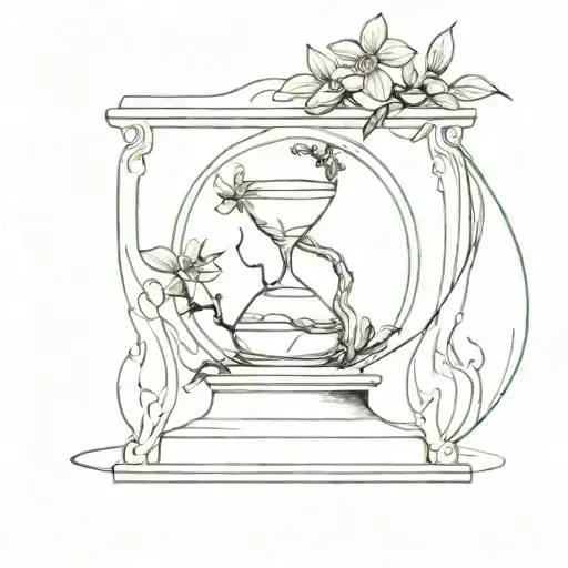 A Bonsai Inside An Hourglass That Has Bones And Black Alstroemerias