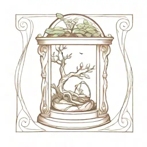 A Bonsai Inside An Hourglass That Has Bones And Astromeliad Flowers