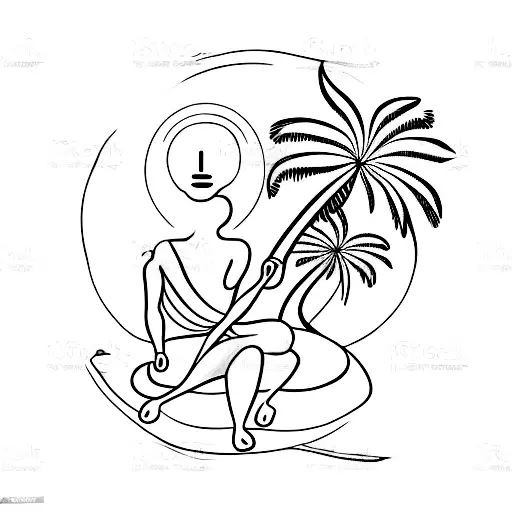 A Minimalist Tattoo Of A Person Meditating On A Beach With Palm Trees