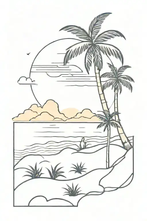 Sunset By The Beach Scene With Palm