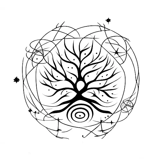A Nordic Tree Of Life Surrounded By A Night Sky And Stars