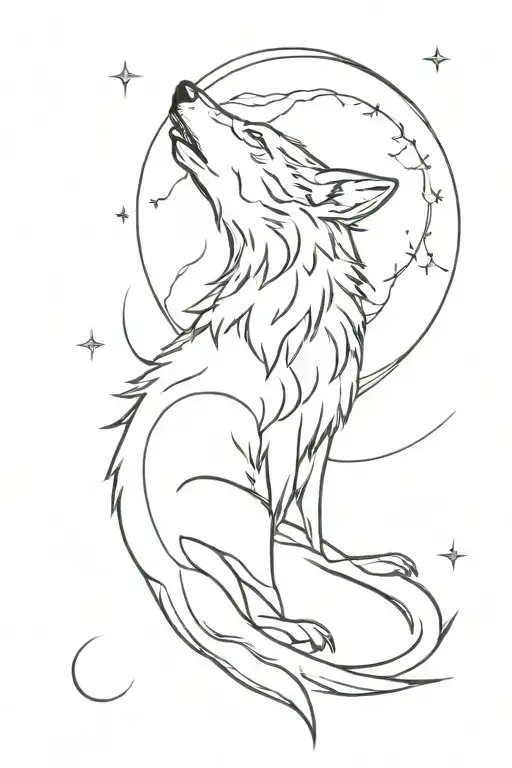 Minimalist Single Line Alpha Wolf Howling To The Moon