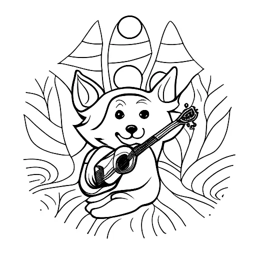 A Minimalist Tattoo Of A Dog Playing A Guitar In A Forest
