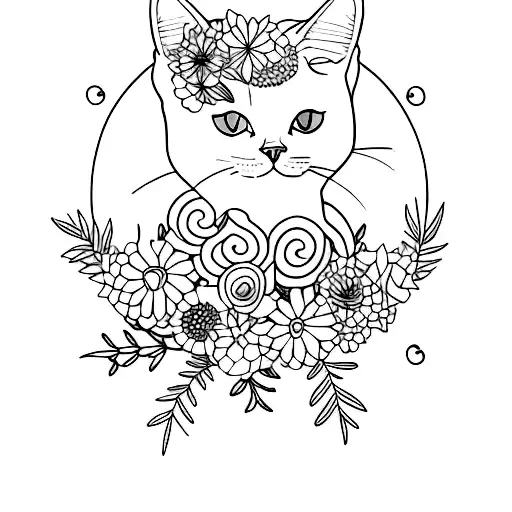 A Minimalist Tattoo Of A Cat Surrounded By A Wreath Of Flowers