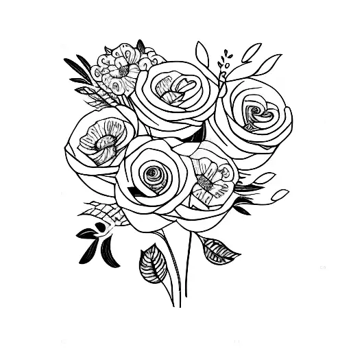 A Tattoo Of A Cat Peeking Out From Behind A Bouquet Of Vibrant Flowers