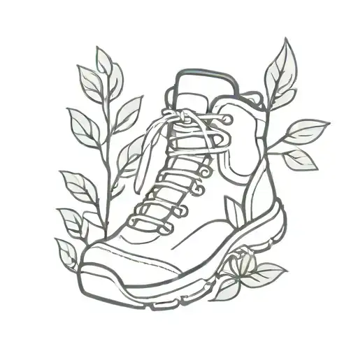 A Minimalist Tattoo Of A Hiking Boot Surrounded By Various Plant Leaves