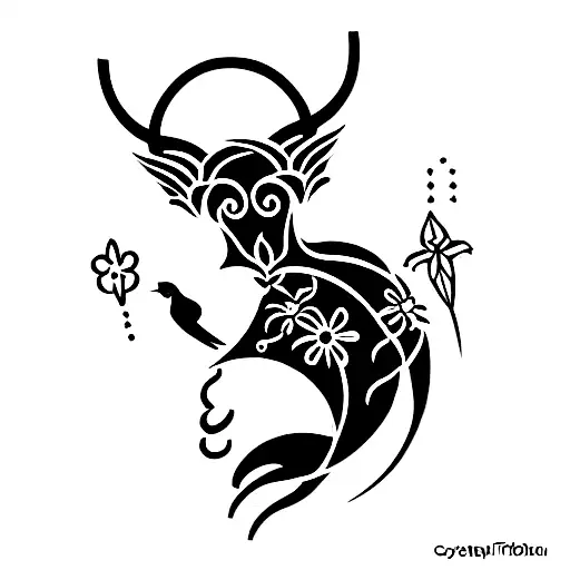 Capricorn With Little Flowers And A Bird Sitting On Their Horn