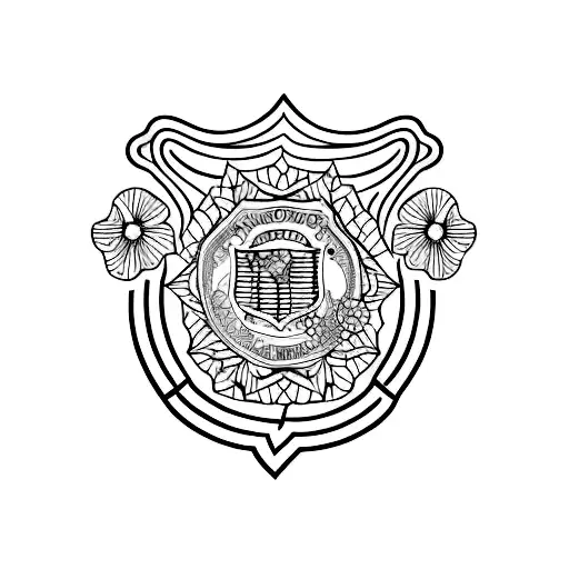 A Blackwork Tattoo Of A Police Badge Adorned With Flowers And Waves