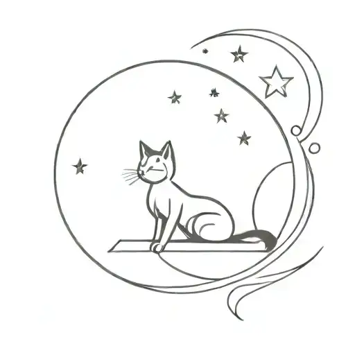 Outline Of A Girl And Black Cat Sitting On The Moon Watching Stars