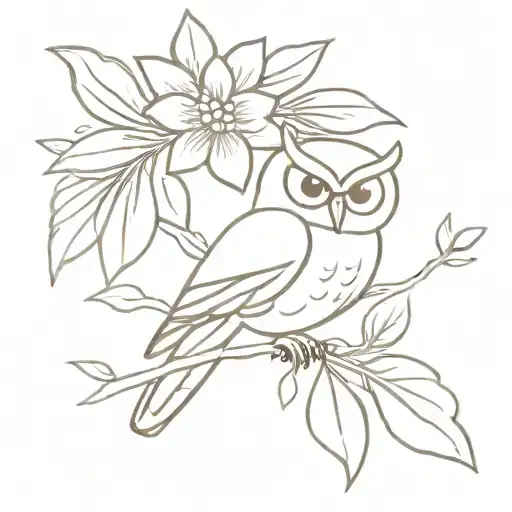 Owl And Ixora Flower Small Simplistic Tattoo Design