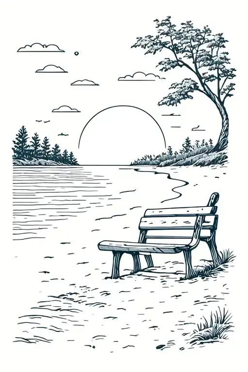 Beach Sunset By River With Bench On The Right Side Of The Beach With Tree With Paddle Shape Carved