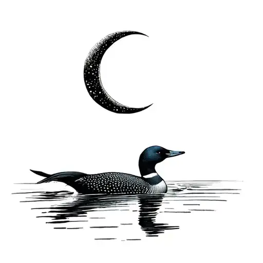 Canadian Loon Swimming Under Crescent Moon
