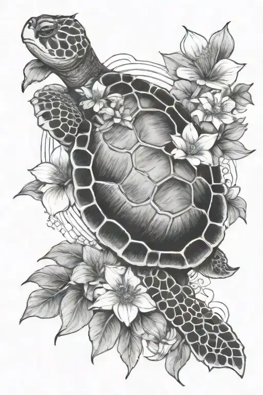 Baby Turtle With Asian Flowers In Background
