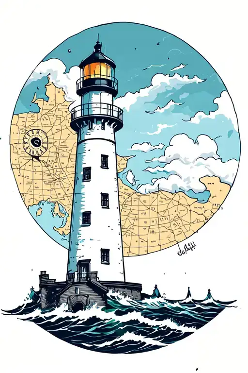 Lighthouse With Clock And Map Outline