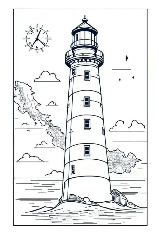 Lighthouse With Clock And Map Outline
