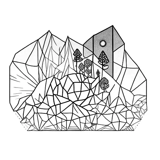 A Minimalist Tattoo Of A Crystal Formation Nestled Among A Forest Of Plants