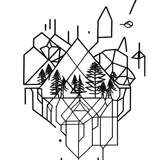 A Minimalist Tattoo Of A Crystal Formation Nestled Among A Forest Of Plants